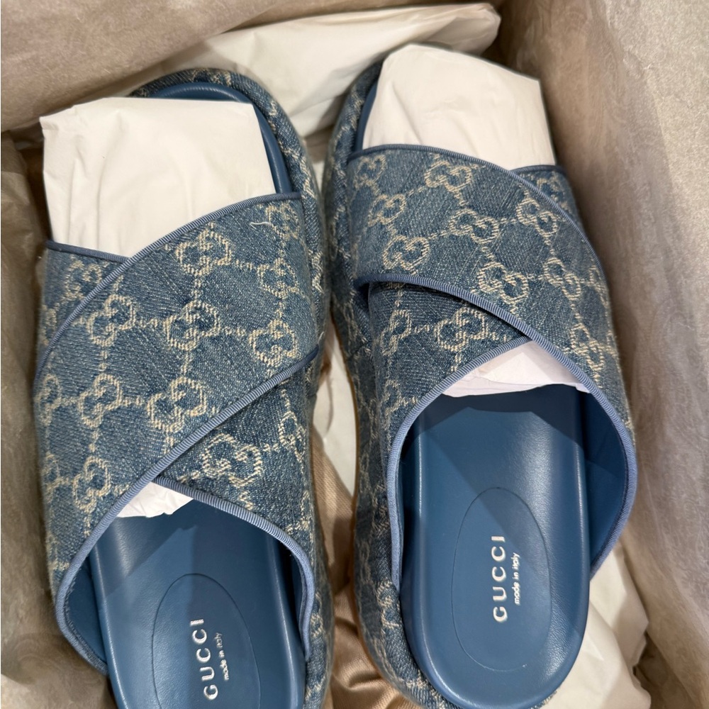Gucci Blue Denim Slide Sandals 40 BNIB